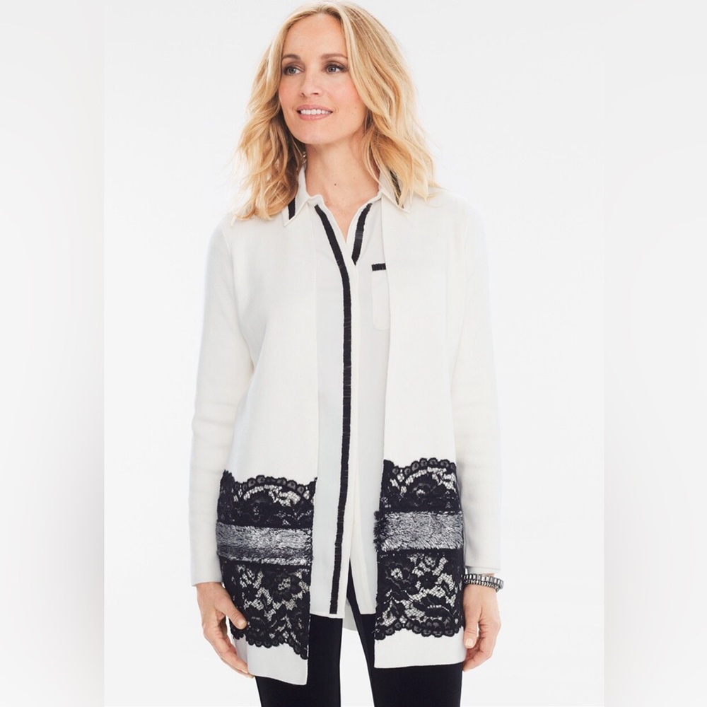 Chicos Sz S/4 Lace Drama Cardigan Black Silver and White